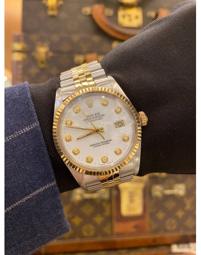 ROLEX DATEJUST 36 REF 16013 HALF 18K 750 YELLOW GOLD WHITE DIAMOND DIAL 36MM AUTOMATIC WATCH