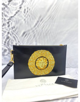 VERSACE CLUTCH BLACK WITH MEDUSA FACE EMBROIDERY 