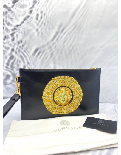 VERSACE CLUTCH BLACK WITH MEDUSA FACE EMBROIDERY 