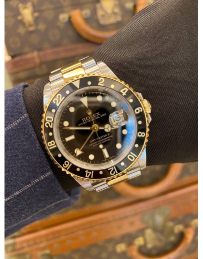 ROLEX GMT-MASTER II REF 16713 HALF 18K 750 YELLOW GOLD BLACK DIAL 40MM AUTOMATIC WATCH