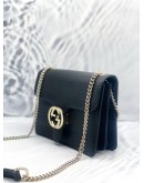 (UNUSED) GUCCI DOLLAR GG INTERLOCKING SMALL SILVER CHAIN FLAP SLING BAG IN BLACK CALFSKIN LEATHER