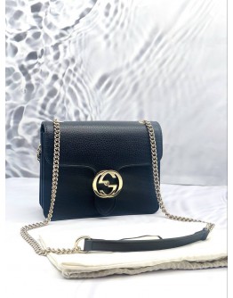 (UNUSED) GUCCI DOLLAR GG INTERLOCKING SMALL SILVER CHAIN FLAP SLING BAG IN BLACK CALFSKIN LEATHER