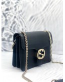 (UNUSED) GUCCI DOLLAR GG INTERLOCKING SMALL SILVER CHAIN FLAP SLING BAG IN BLACK CALFSKIN LEATHER