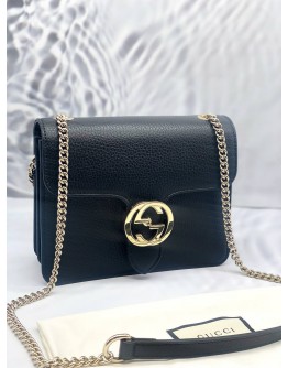 (UNUSED) GUCCI DOLLAR GG INTERLOCKING SMALL SILVER CHAIN FLAP SLING BAG IN BLACK CALFSKIN LEATHER