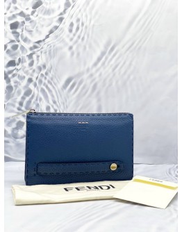 (BRAND NEW) FENDI NAVY BLUE SELLERIA LEATHER ZIP CLUTCH BAG 