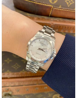 (LIKE NEW) 2022 LONGINES CONQUEST REF L3.376.4.87.6 MOTHER OF PEARL DIAMOND DIAL 29.5MM QUARTZ WATCH