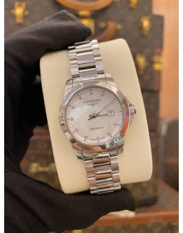 (LIKE NEW) 2022 LONGINES CONQUEST REF L3.376.4.87.6 MOTHER OF PEARL DIAMOND DIAL 29.5MM QUARTZ WATCH