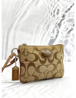 COACH CORNER ZIP WRISTLET POUCH BROWN SIGNATURE CANVAS