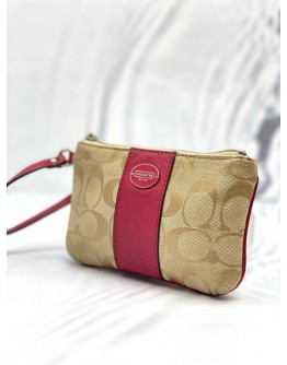 COACH CORNER ZIP WRISTLET POUCH KHAKI SIGNATURE CANVAS DARK PINK
