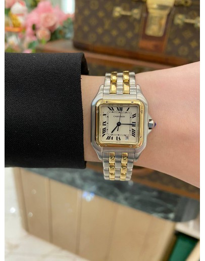 (LIKE NEW) 2010 CARTIER PANTHERE MM REF 187949 SS HALF 18K 750 YELLOW GOLD 28MM QUARTZ WATCH -FULL SET-
