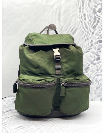 PRADA BACKPACK SOFT NYLON LEATEHR IN ARMY GREEN  WITH SILVER HARDWARE