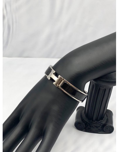 HERMES CLIC CLAC H NARROW BRACELET IN BLACK WITH SILVER HARDWARE -FULL SET-
