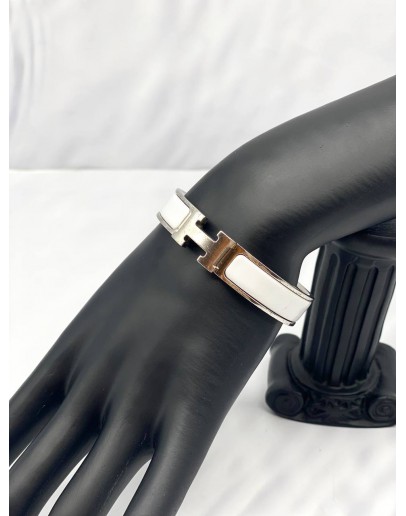 HERMES CLIC CLAC H NARROW BRACELET IN WHITE WITH SILVER HARDWARE -FULL SET-