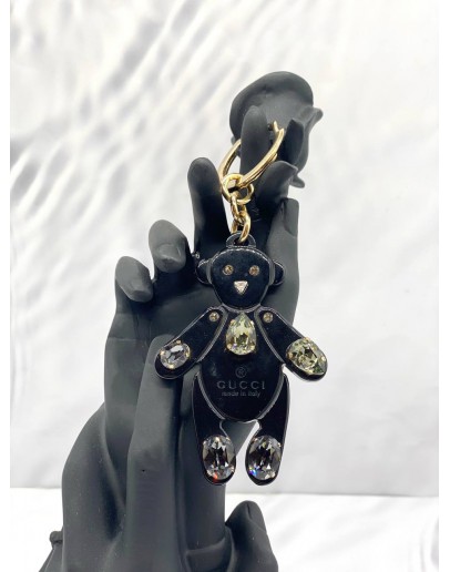 (LIKE NEW) GUCCI BLACK PLEXIGLASS CRYSTALS TEDDY BEAR KEYCHAIN 