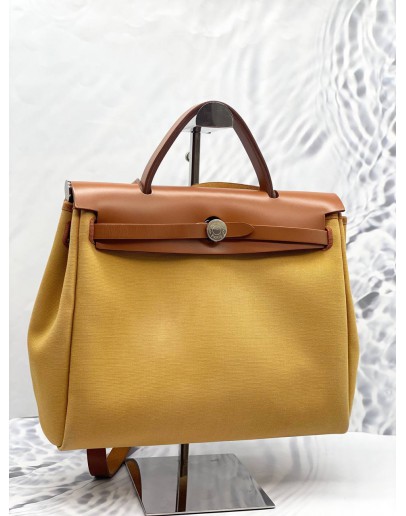 (LIKE NEW) HERMES HERBAG PM 31 CANVAS WITH BROWN CALFSKIN LEATHER CROSSBODY BAG 