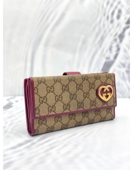 GUCCI BEIGE/MAGENTA GG CANVAS LOVELY HEART CONTINENTAL WALLET 