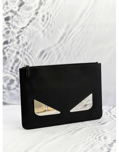 FENDI MONSTER EYES BUGS ZIPPED CLUTCH IN BLACK