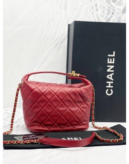 (LIKE NEW) CHANEL LAMBSKIN QUILTED SMALL HOBO RED -FULL SET-