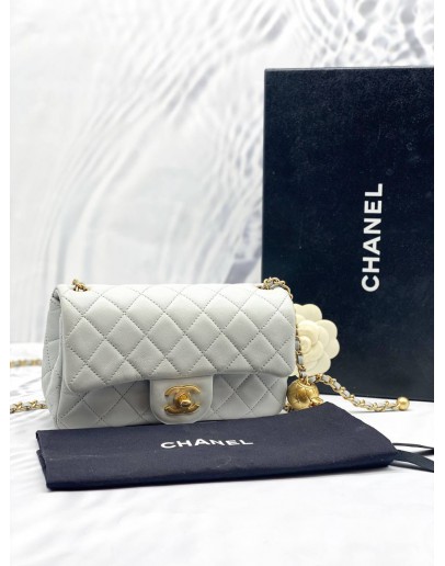 (LIKE NEW) CHANEL LAMBSKIN QUILTED MINI PEARL CRUSH RECTANGULAR FLAP LIGHT BLUE -FULL SET-