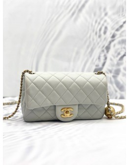 (LIKE NEW) CHANEL LAMBSKIN QUILTED MINI PEARL CRUSH RECTANGULAR FLAP LIGHT BLUE -FULL SET-