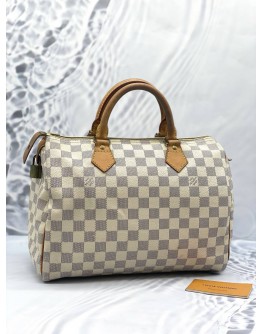 LOUIS VUITTON SPEEDY 30 WHITE DAMIER AZUR HANDLE BAG IN GOLD HARDWARE