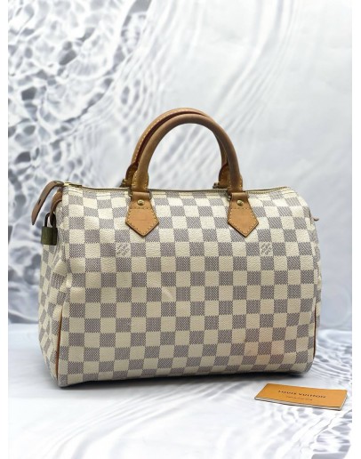 LOUIS VUITTON SPEEDY 30 WHITE DAMIER AZUR HANDLE BAG IN GOLD HARDWARE