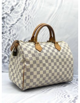 LOUIS VUITTON SPEEDY 30 WHITE DAMIER AZUR HANDLE BAG IN GOLD HARDWARE
