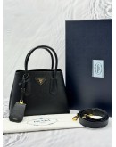 (LIKE NEW) PRADA SMALL DOUBLE TOP HANDLE AND SHOULDER BAG IN BLACK SAFFIANO LEATHER
