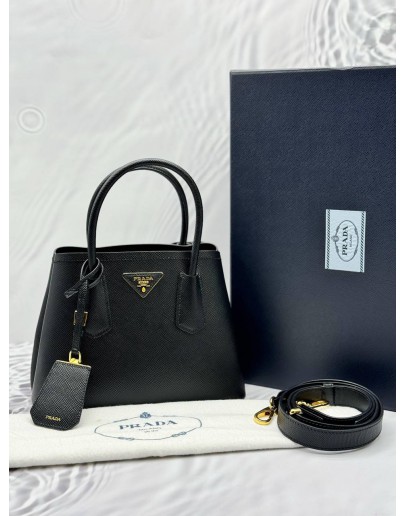 (LIKE NEW) PRADA SMALL DOUBLE TOP HANDLE AND SHOULDER BAG IN BLACK SAFFIANO LEATHER