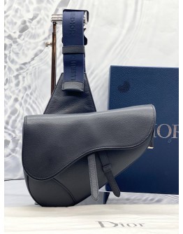 (LIKE NEW) CHRISTIAN DIOR SADDLE IN DARK BLUE GRAINED CALFSKIN LEATHER BAG WITH BLUE STRAP -FULL SET- 