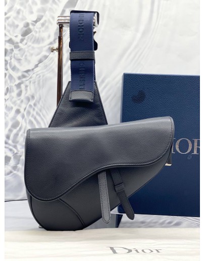 (LIKE NEW) CHRISTIAN DIOR SADDLE IN DARK BLUE GRAINED CALFSKIN LEATHER BAG WITH BLUE STRAP -FULL SET- 