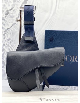 (LIKE NEW) CHRISTIAN DIOR SADDLE IN DARK BLUE GRAINED CALFSKIN LEATHER BAG WITH BLUE STRAP -FULL SET- 