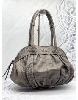 (LIKE NEW) LANCEL GOUSSET GRAY CROCODILE EMBOSSED LEATHER SHOULDER BAG