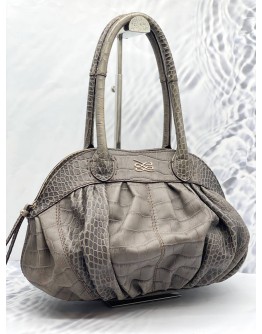 (LIKE NEW) LANCEL GOUSSET GRAY CROCODILE EMBOSSED LEATHER SHOULDER BAG