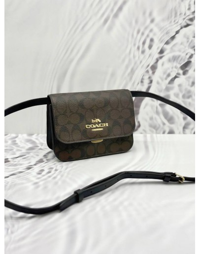 COACH BRYNN FLAP CROSSBODY BAG IN BROWN BLACK CANVAS AND CALFSKIN LEATHER