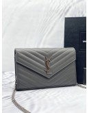(LIKE NEW) YSL SAINT LAURENT CASSANDRA LEATHER CHAIN WALLET IN GREY SHW -FULL SET-
