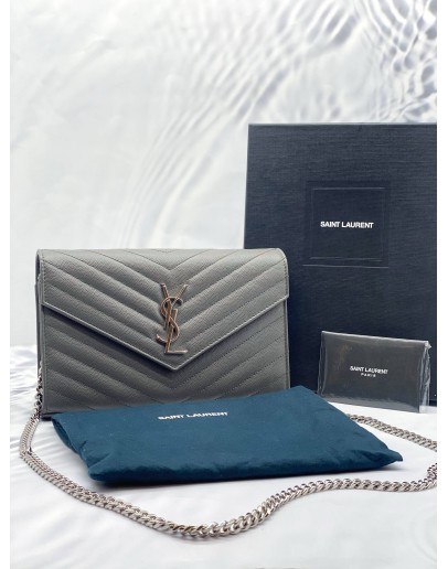(LIKE NEW) YSL SAINT LAURENT CASSANDRA LEATHER CHAIN WALLET IN GREY SHW -FULL SET-