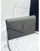 (LIKE NEW) YSL SAINT LAURENT CASSANDRA LEATHER CHAIN WALLET IN GREY SHW -FULL SET-