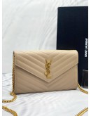 (LIKE NEW)YSL SAINT LAURENT CASSANDRA LEATHER CHAIN WALLET IN BEIGE GHW -FULL SET-