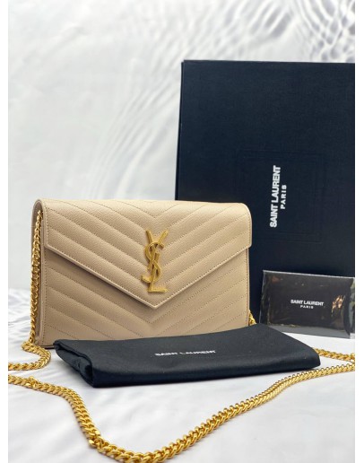 (LIKE NEW)YSL SAINT LAURENT CASSANDRA LEATHER CHAIN WALLET IN BEIGE GHW -FULL SET-