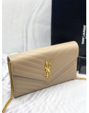 (LIKE NEW)YSL SAINT LAURENT CASSANDRA LEATHER CHAIN WALLET IN BEIGE GHW -FULL SET-