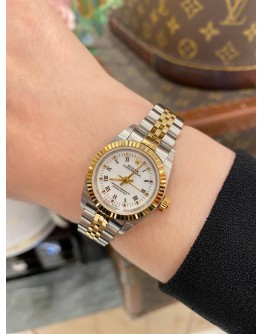 (LIKE NEW) 2000 ROLEX OYSTER PERPETUAL LADY REF 76193 HALF 18K 750 YELLOW GOLD WHITE DIAL ROMAN NUMERALS 26MM AUTOMATIC WATCH -FULL SET-