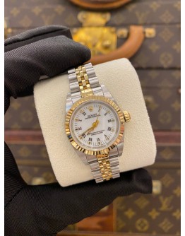 (LIKE NEW) 2000 ROLEX OYSTER PERPETUAL LADY REF 76193 HALF 18K 750 YELLOW GOLD WHITE DIAL ROMAN NUMERALS 26MM AUTOMATIC WATCH -FULL SET-