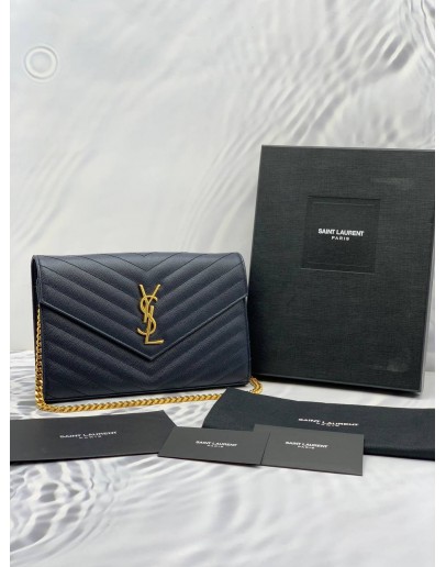 YSL SAINT LAURENT ENVELOPE GRAINED CALF LEATHER WALLET ON CHAIN 