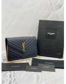 YSL SAINT LAURENT ENVELOPE GRAINED CALF LEATHER WALLET ON CHAIN 