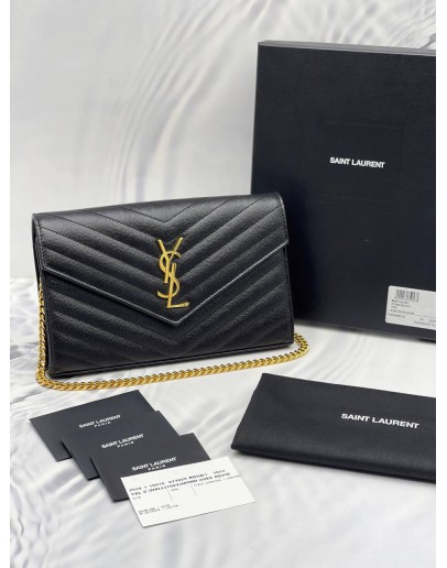 (RAYA SALE) YSL SAINT LAURENT ENVELOPE GRAINED CALFSKIN LEATHER WALLET ON CHAIN -FULL SET-